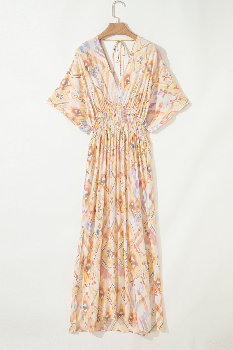 Geometric Print Half Sleeve Shirred High Waist Maxi Dress