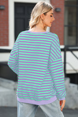 Stripe Contrast Ribbed Trim Crossed Stitch Drop Shoulder Sweatshirt