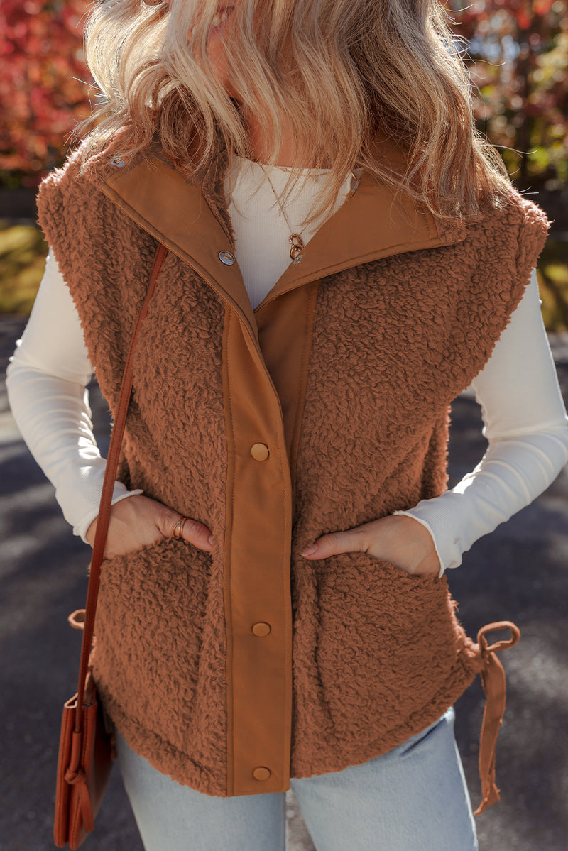 Faux Fur Snap Button Front Knot Side Plush Vest with Pockets