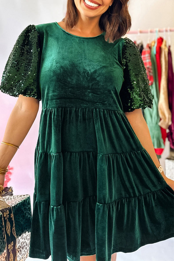 Sequin Puff Sleeve High Waist Tiered Velvet Mini Dress