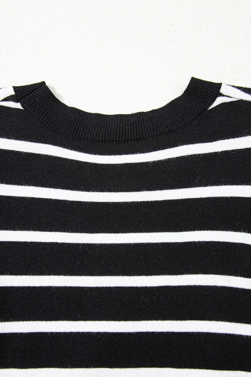 Stripe Ribbed Trim Round Neck Bubble Sleeve Knitted Top