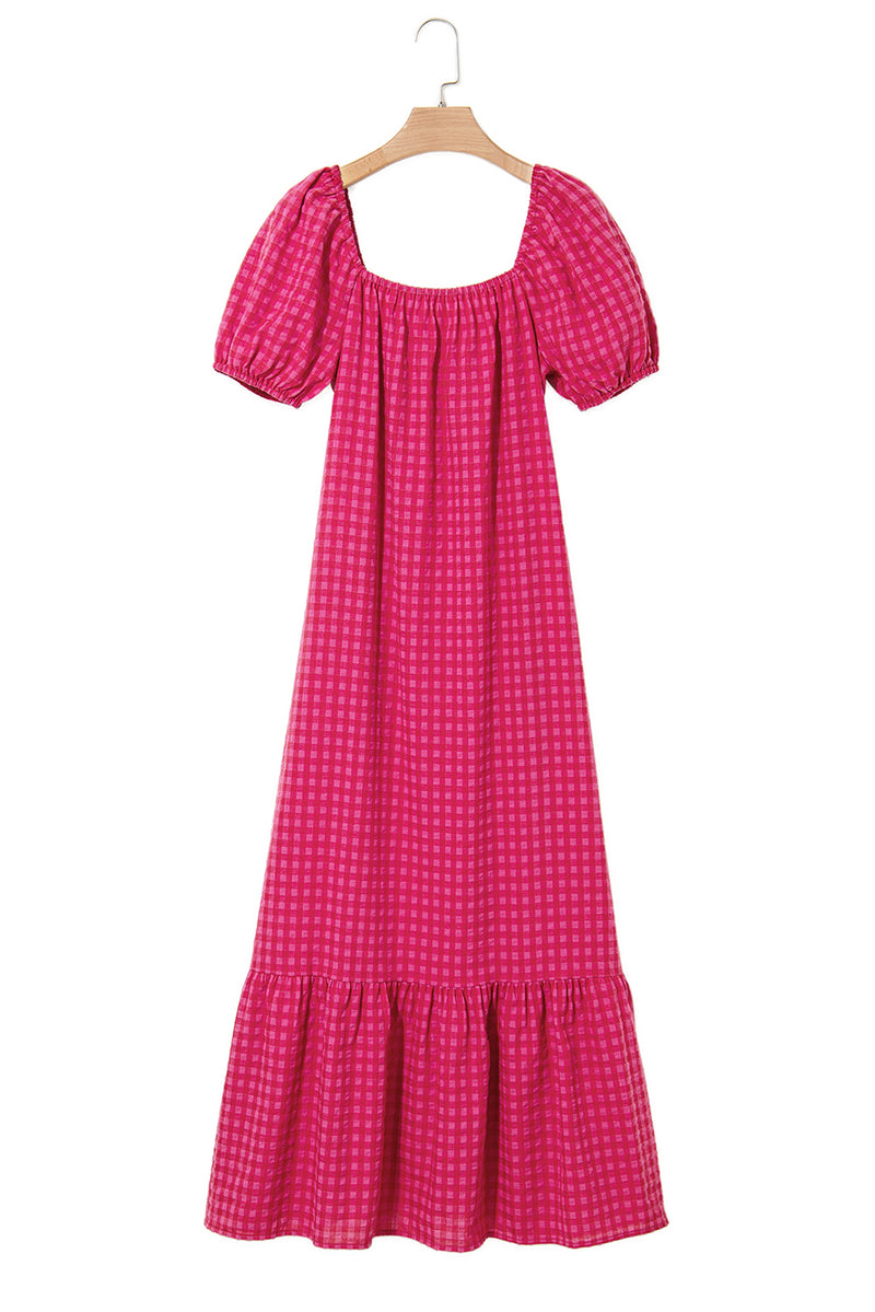 Ginham Check Bubble Sleeve Ruffled Maxi Dress