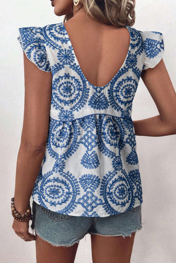 Boho Print Flutter Sleeve Crew Neck Blouse