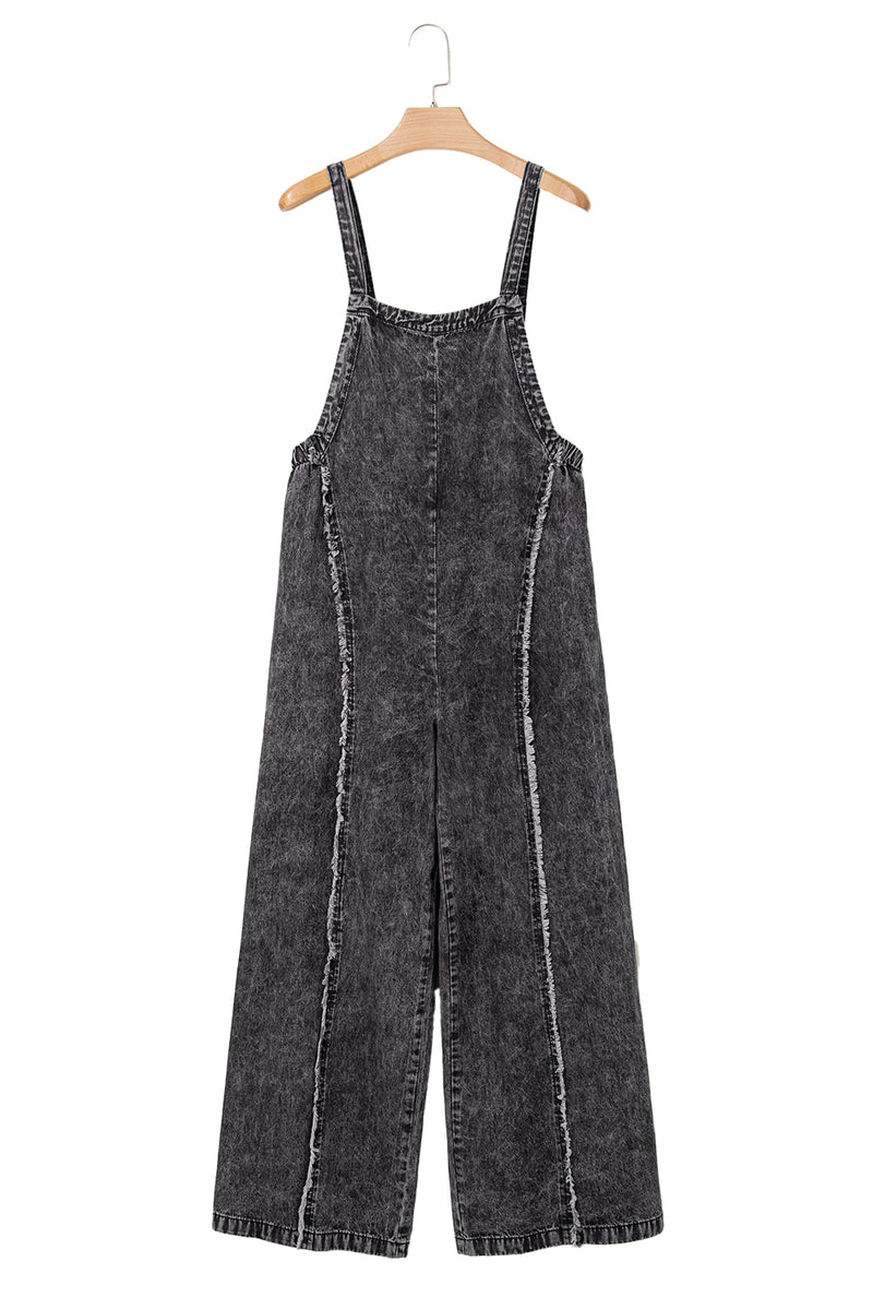 Light Wash Frayed Exposed Seam Wide Leg Denim Overall