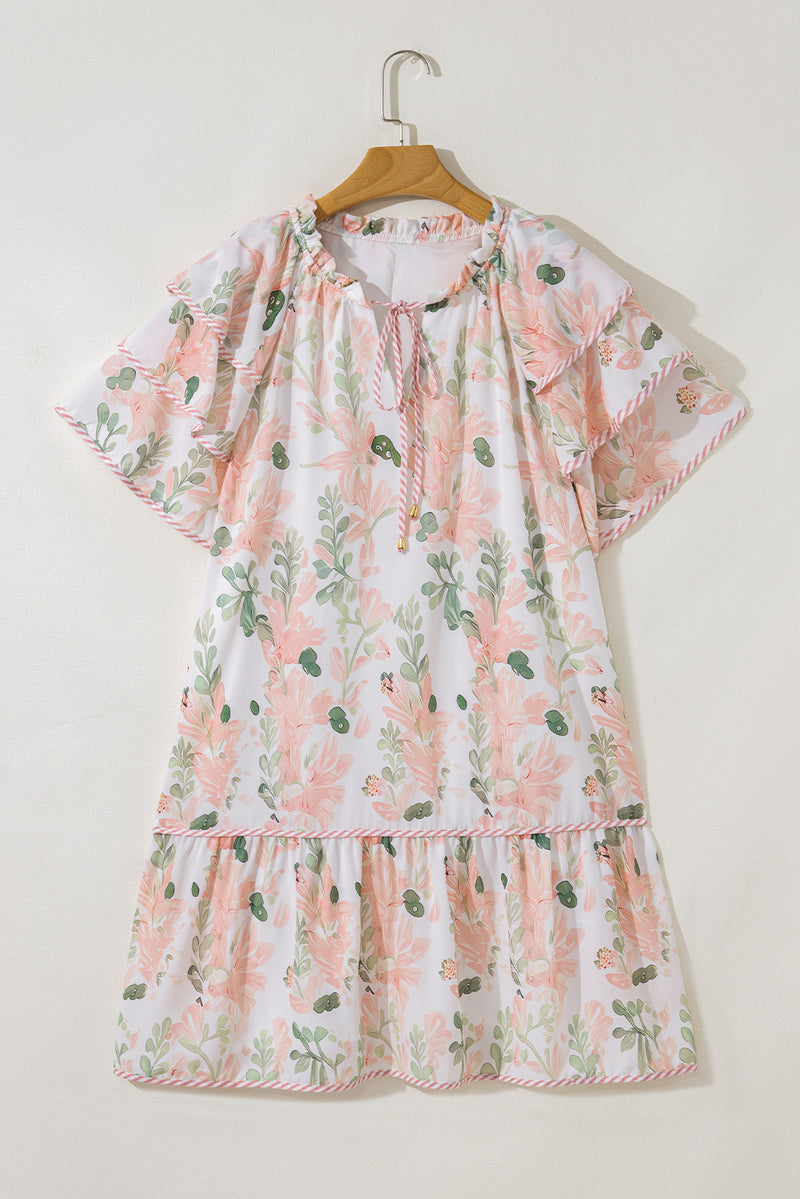 Plus Size Floral Print Striped Detail Short Summer Dress