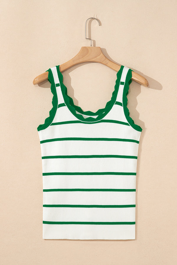Striped Scalloped Edge U Neck Sleeveless Sweater Vest