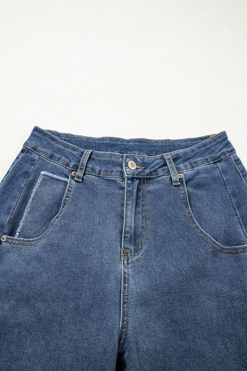 Stitched Raw Hem Wide Leg Loose Jeans