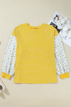Stripe Striped Contrast Floral Sleeve Patchwork Plus Size Loose Top