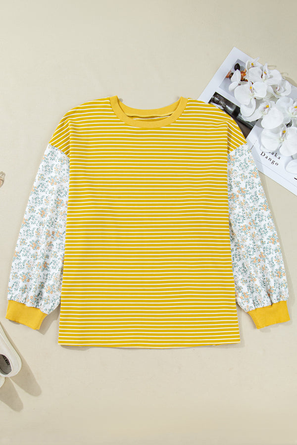 Stripe Striped Contrast Floral Sleeve Patchwork Plus Size Loose Top