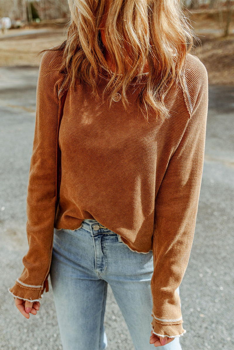 Solid Textured Round Neck Long Sleeve Top