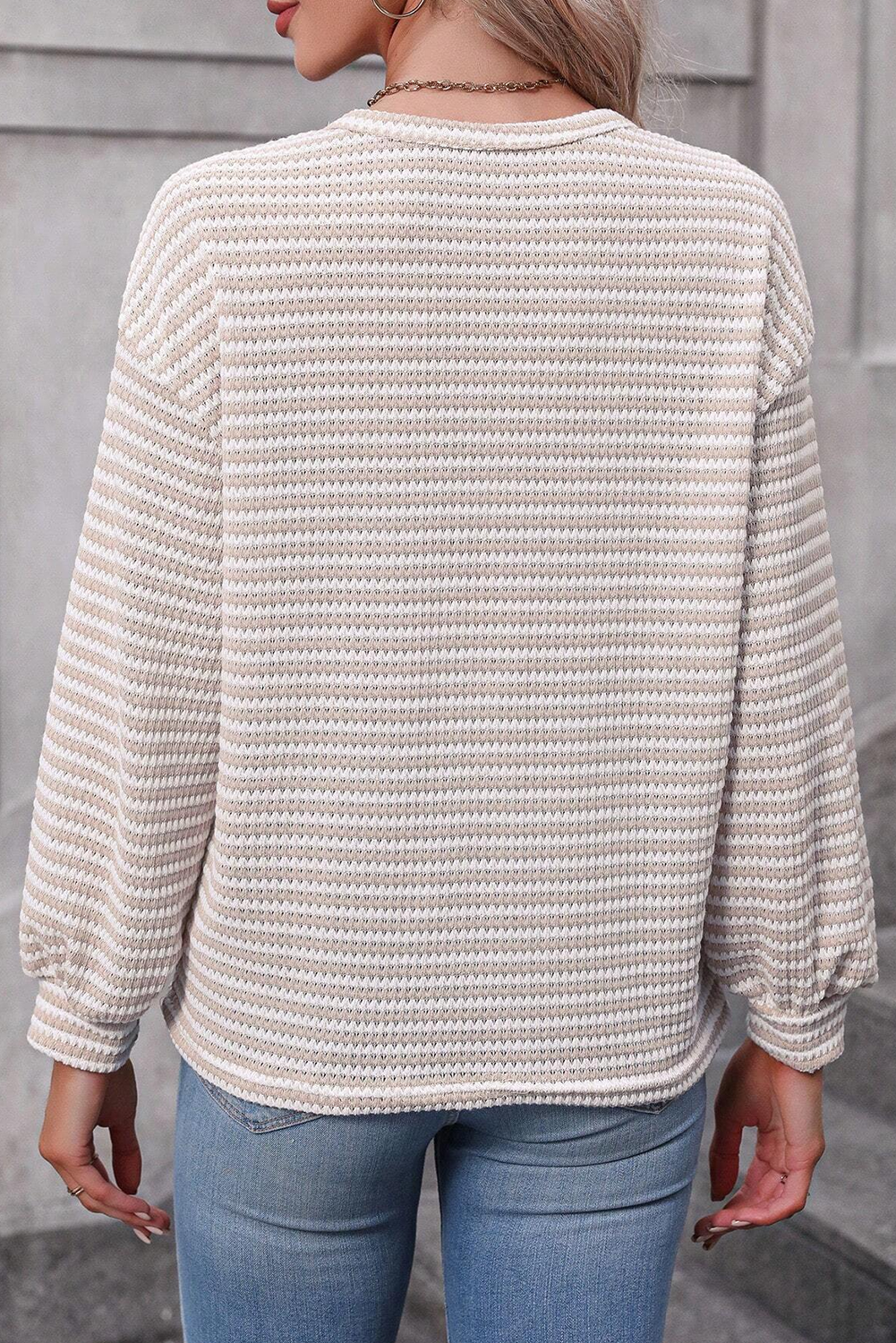 Solid Stripe Round Neck Drop Shoulder Long Sleeve Top