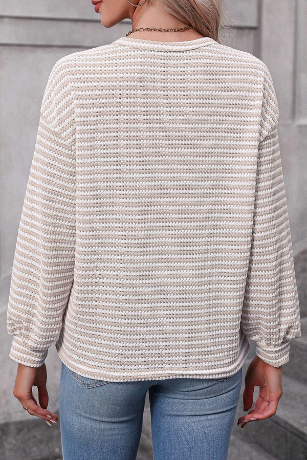 Solid Stripe Round Neck Drop Shoulder Long Sleeve Top