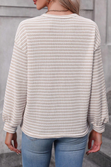 Solid Stripe Round Neck Drop Shoulder Long Sleeve Top