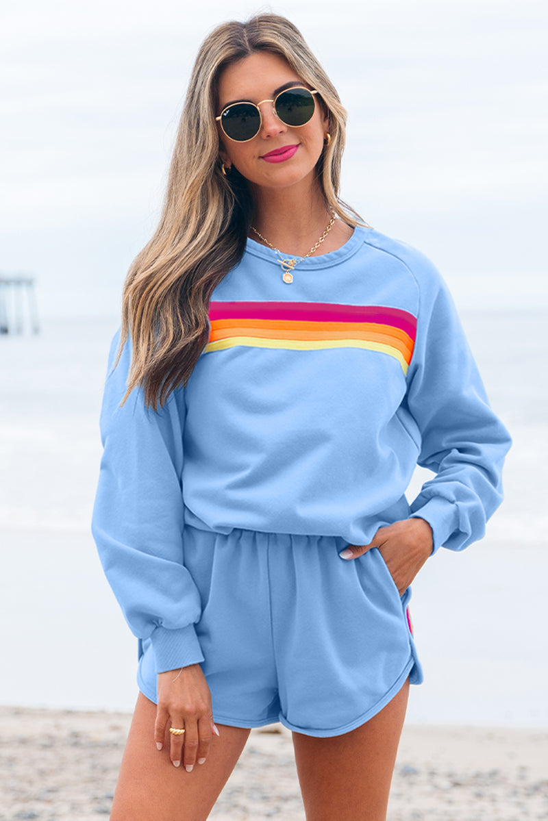 Striped Accent Pullover and Shorts Two Piece Casual Set