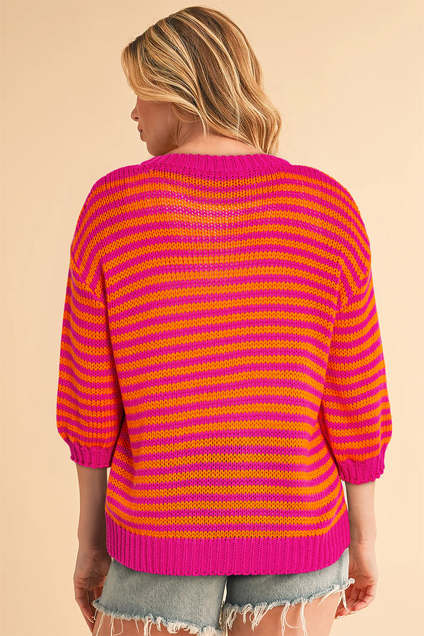 Stripe 3/4 Puff Sleeve Drop Shoulder Sweater