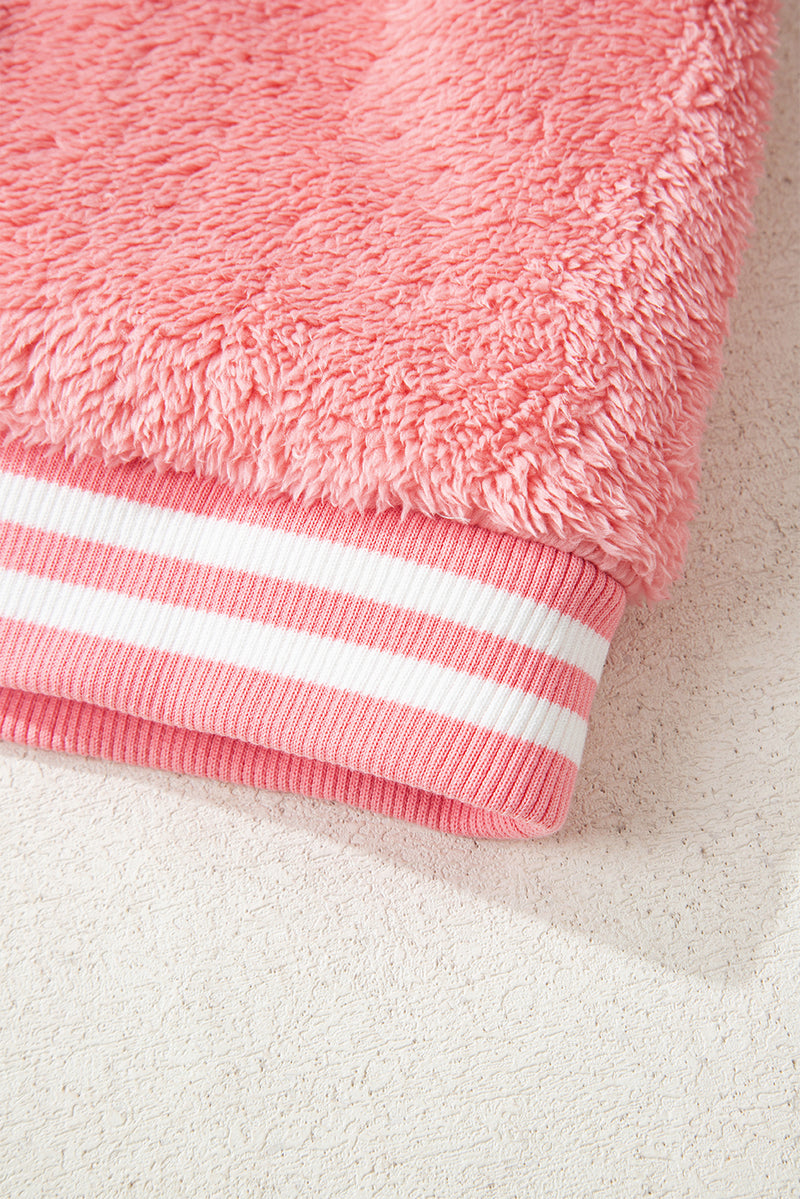 Pink Varsity Striped Banding Patchwork Winter Plush Vest