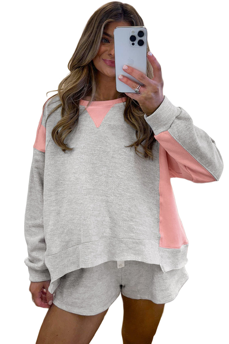 Color Block Raw Hem Pullover and Casual Shorts Set