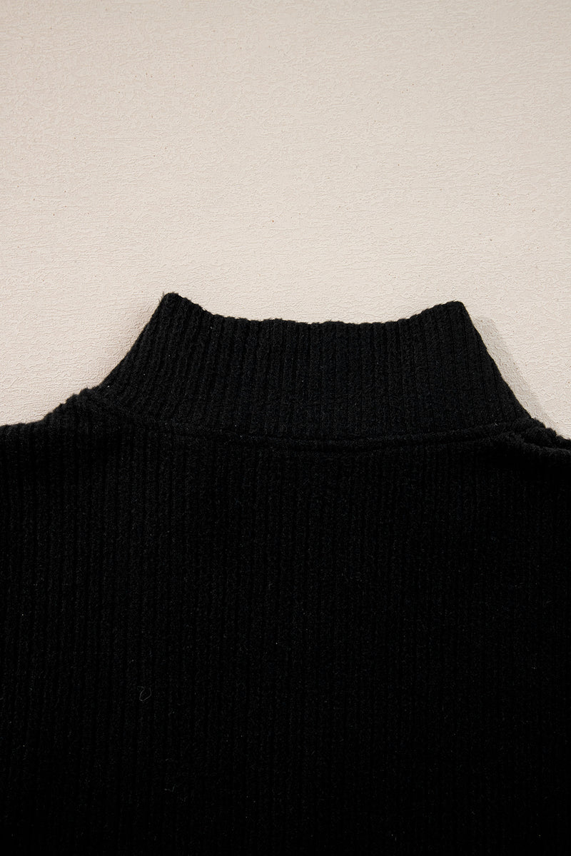 Ribbed Zip Stand Neck Drop Shoulder Pullover Bodycon Skirt 2pcs Set