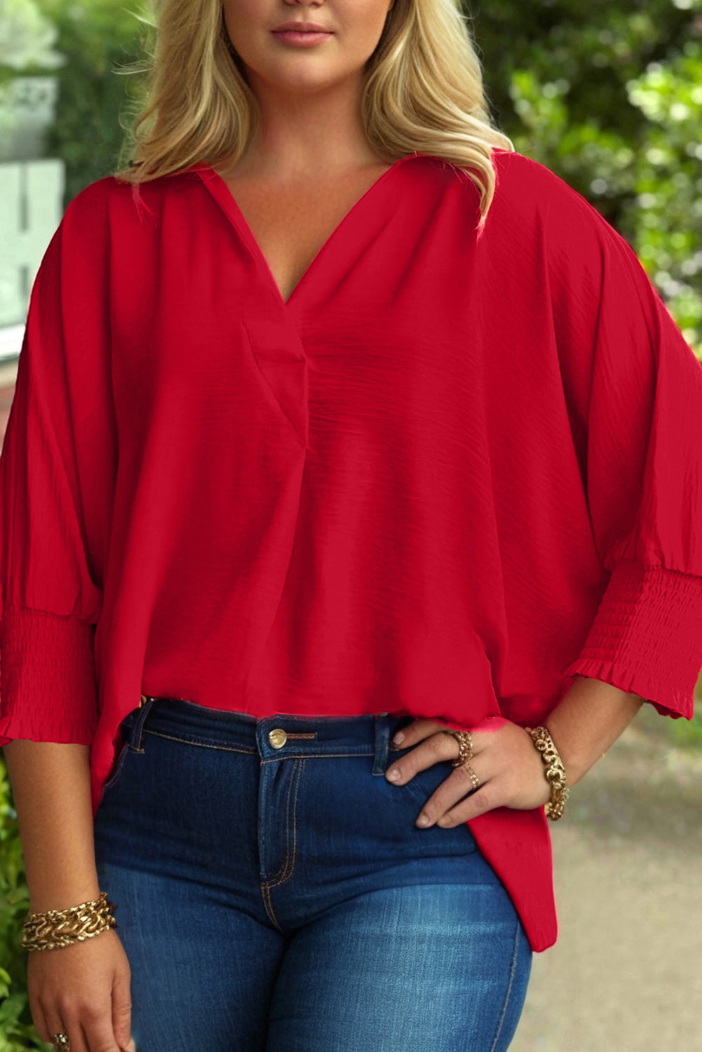 Plus Size Smocked Cuff Dolman Oversized Tunic Blouse