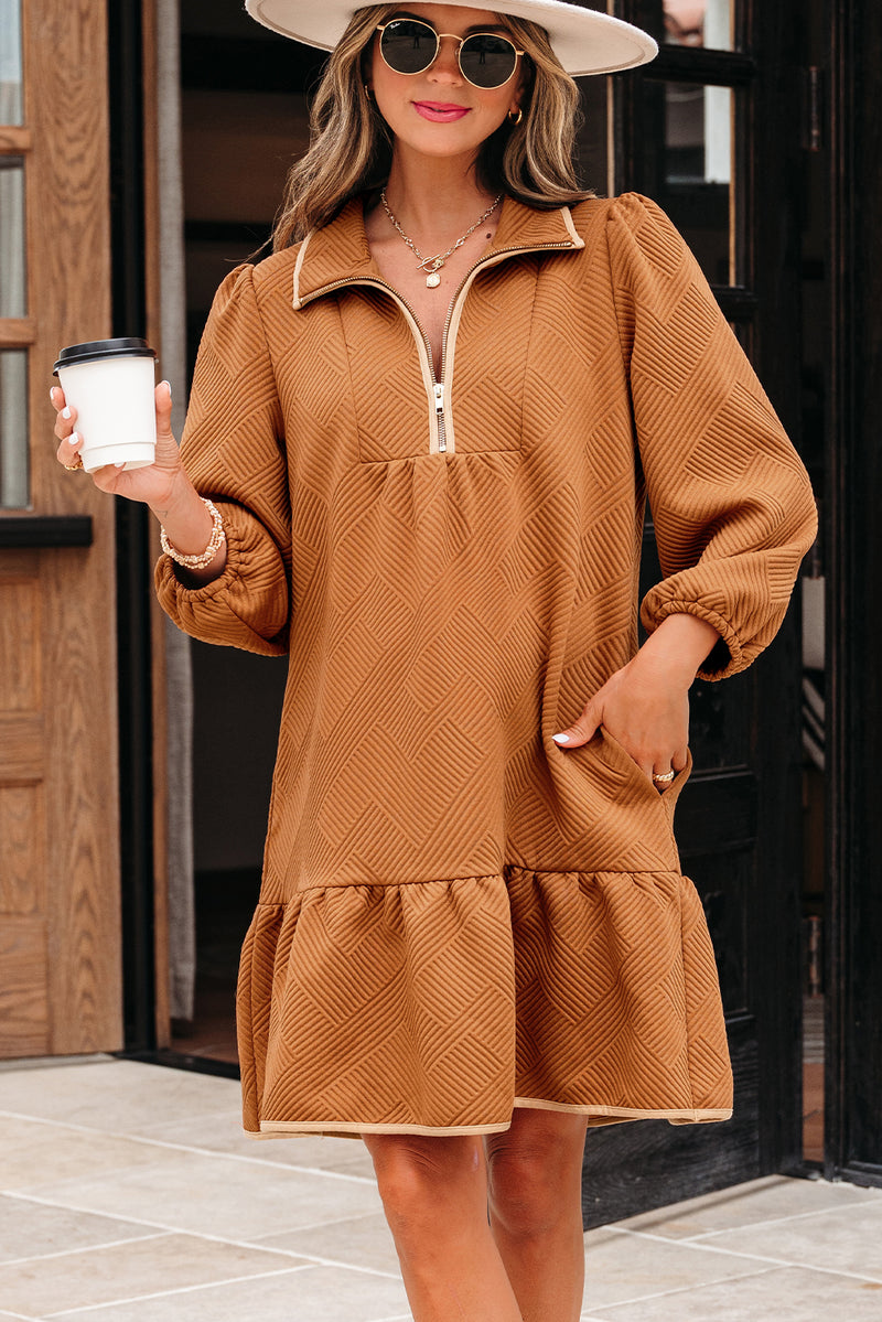 Quarter Zip Collar Bracelet Sleeve Textured Mini Dress
