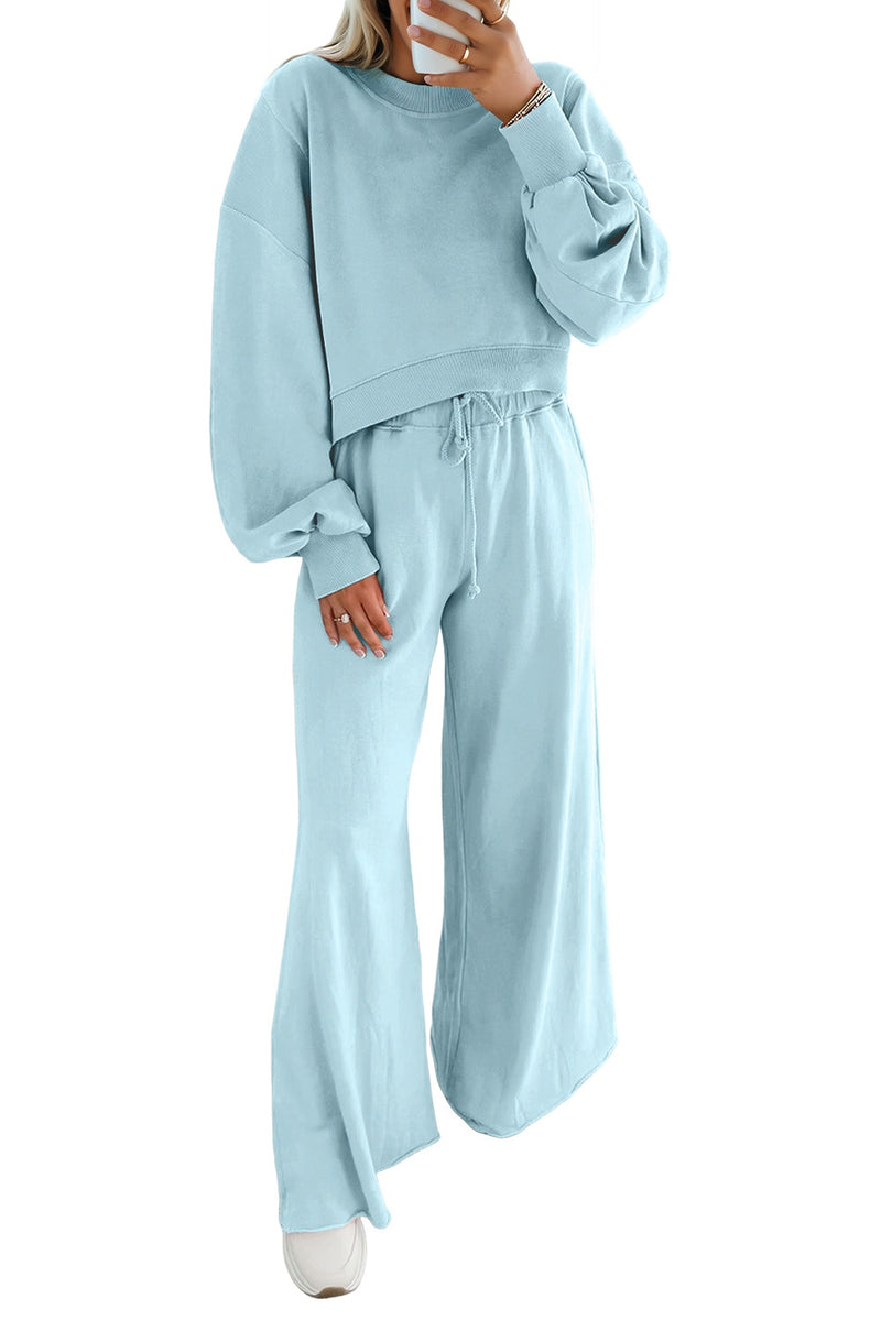 Drop Shoulder Puff Sleeve Crop Pullover Drawstring Wide Leg Pants Set