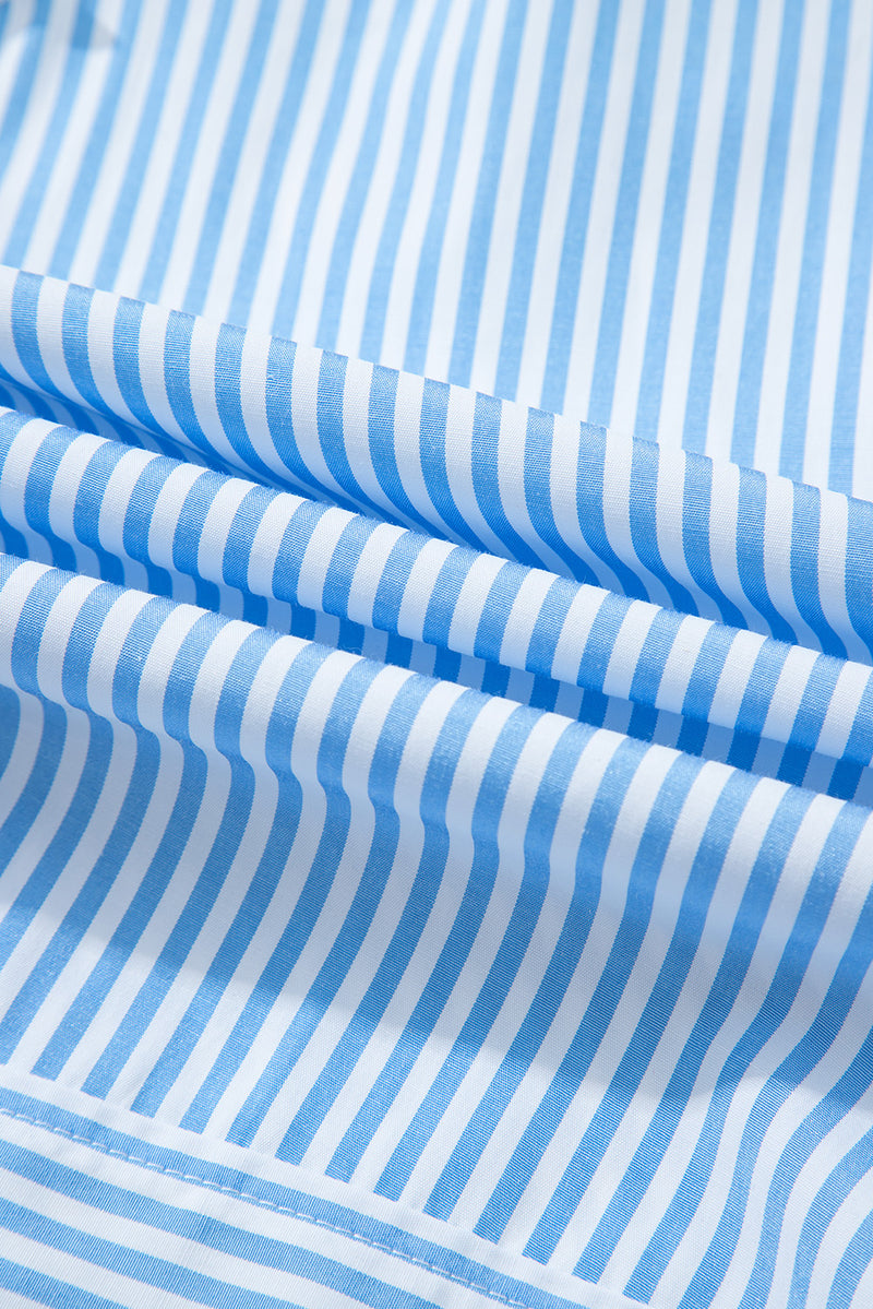 Sky Blue Stripe Contrast Collar Patchwork Hidden Button Short Sleeve Summer Shirt