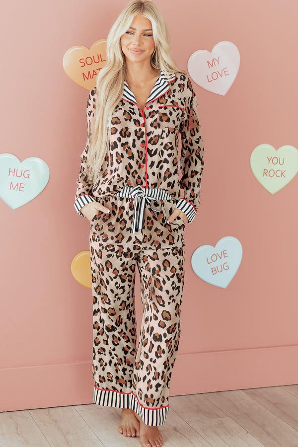 Leopard Print Colorblock Striped Edge Shirt and Pants Pajama Set