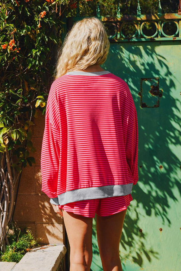 Stripe Drop Shoulder Baggy Pullover and Shorts Casual Set