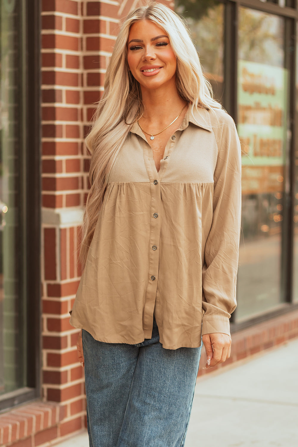 Light French Waffle Patchwork Button Up Frayed Hem Shirt