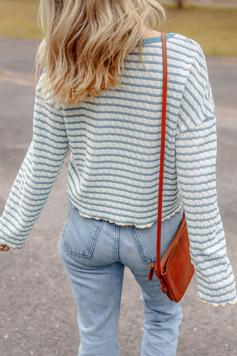 Stripe Textured Frilly Trim Buttons Henley Long Sleeve Top