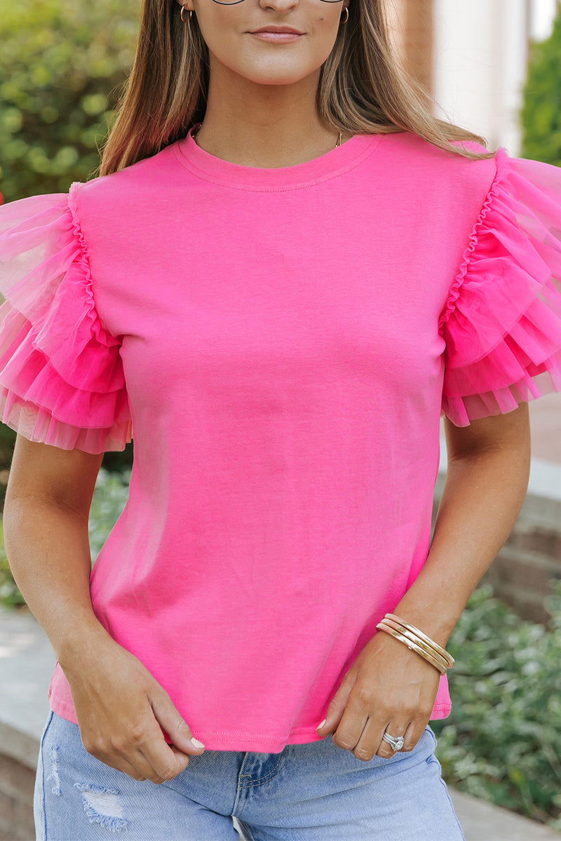Trendy Solid Tulle Ruffle Sleeve Blouse