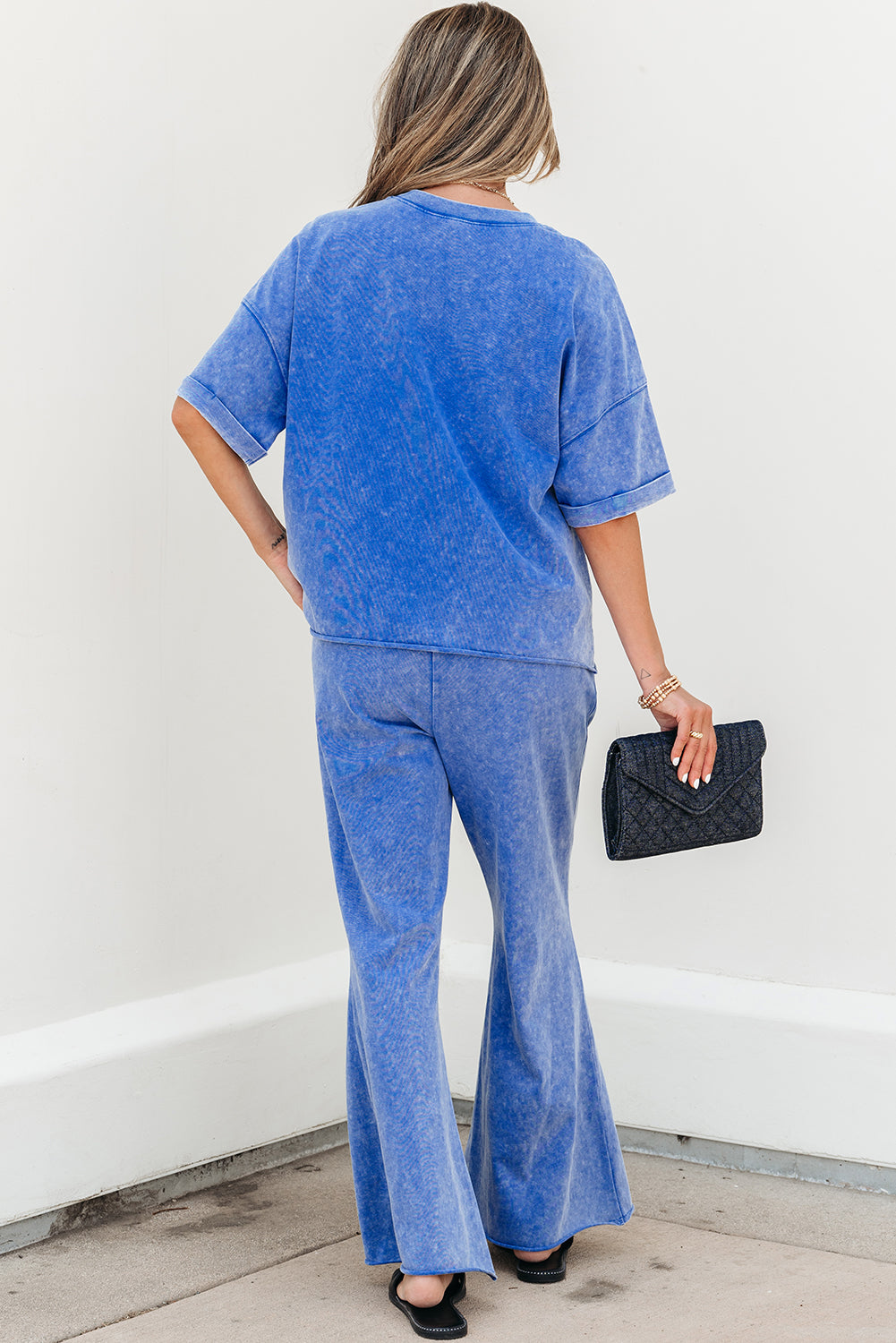 Acid Wash Star Patched Rolled Trim Pants Set