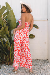 Floral Print Twisted Bandeau Keyhole Pleated Wide Leg Jumpsuit