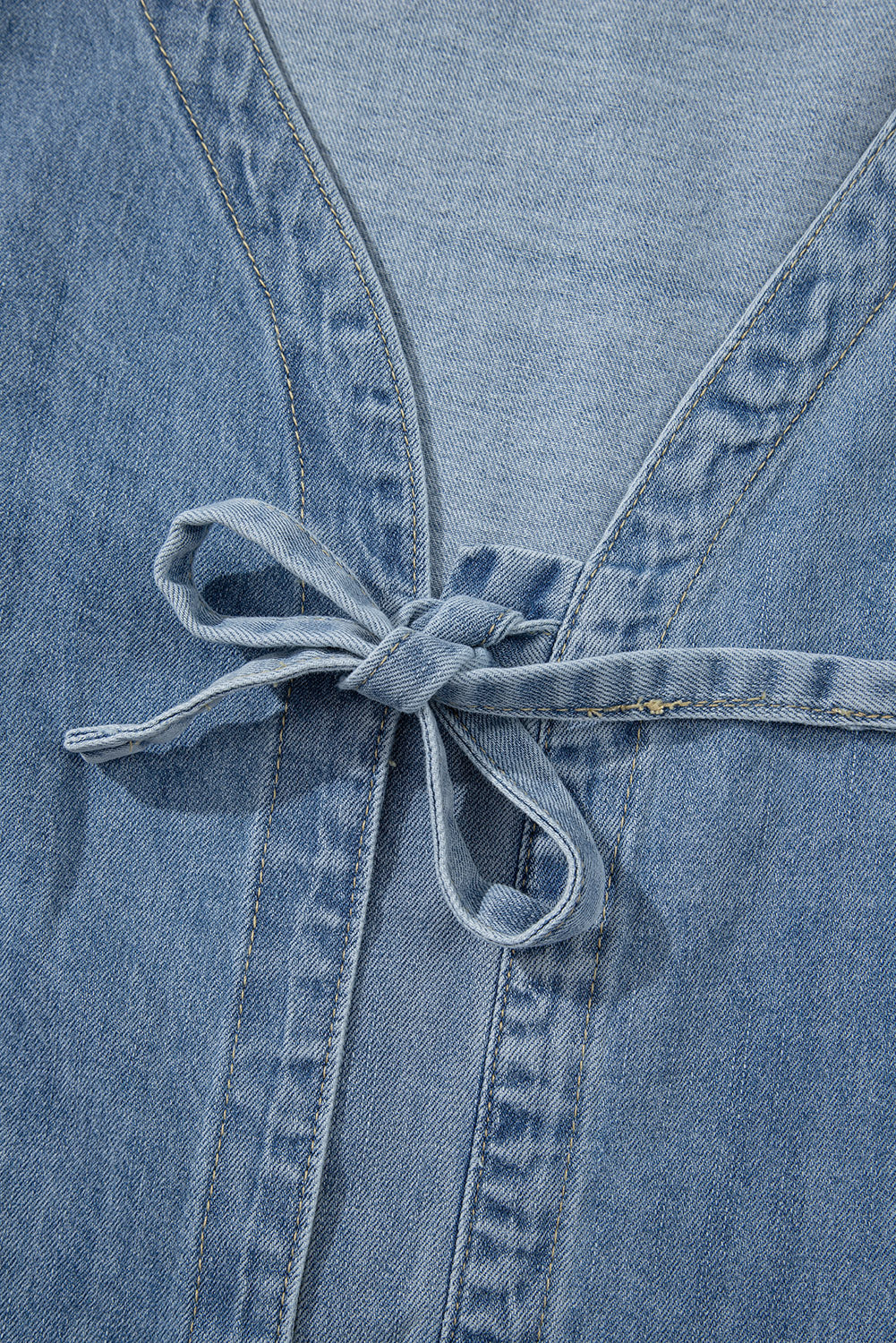 Tied Front Long Puff Sleeve Denim Top