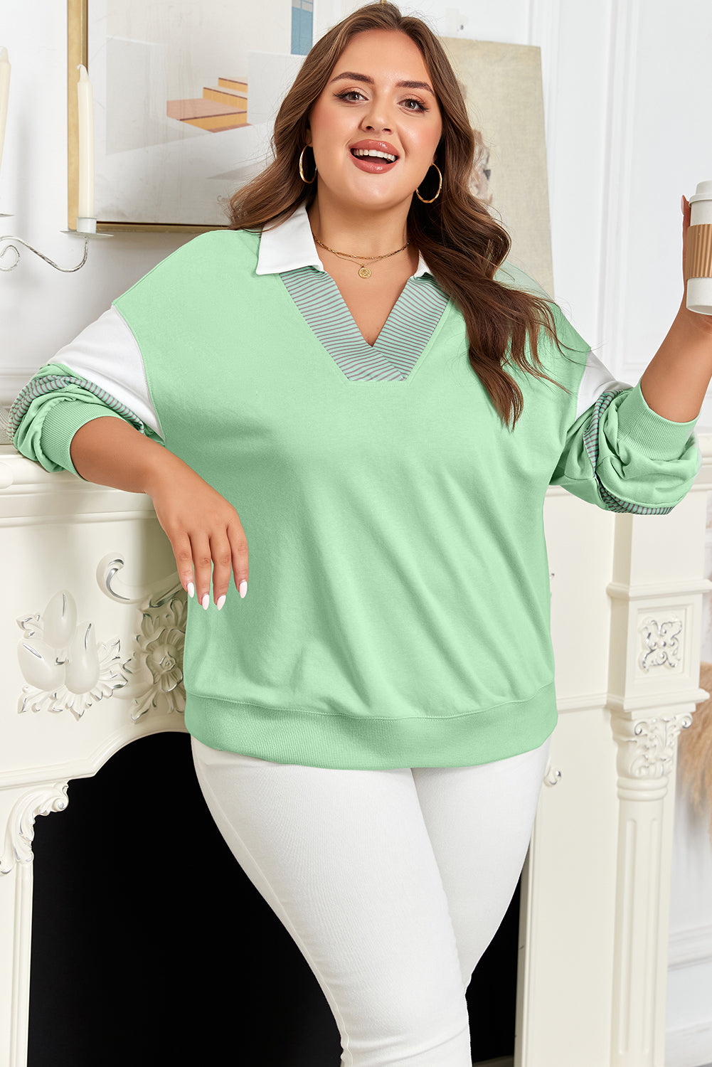 Light Green Color Block Striped Patchwork Collar V Neck Plus Size Sweatshirt