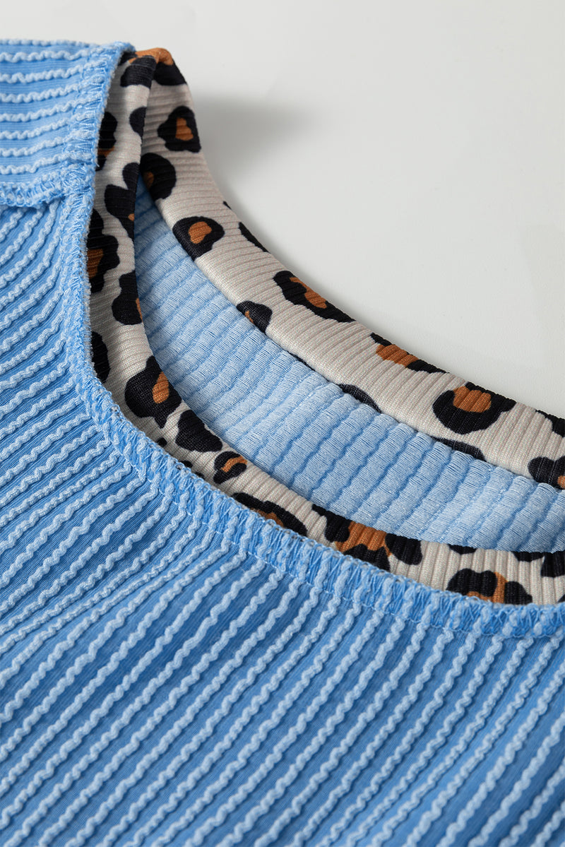 Solid Leopard Patchwork Corded Knit Crew Neck T Shirt