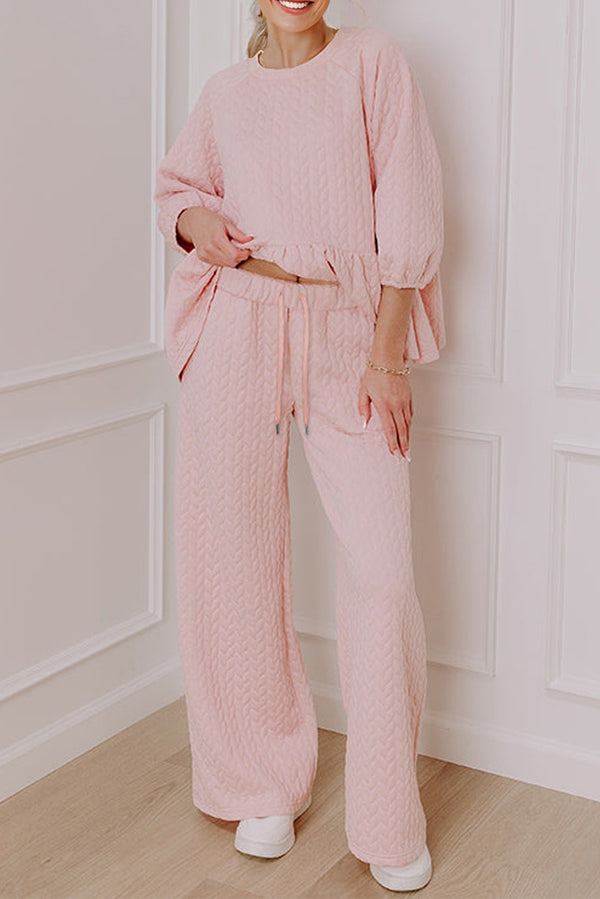 Braided Texture Ruffle Hem Top Drawstring Loose Pants Set