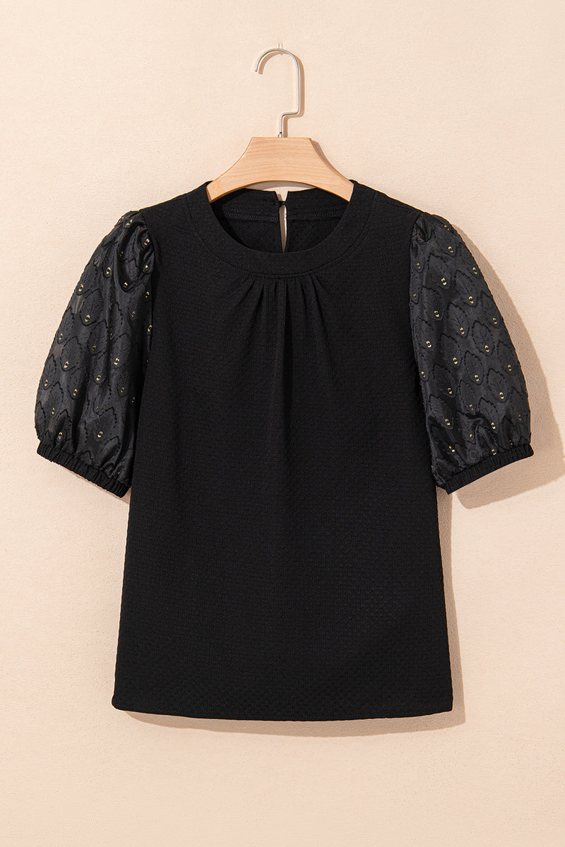 Black Feather Bubble Sleeve Patchwork Textured Blouse