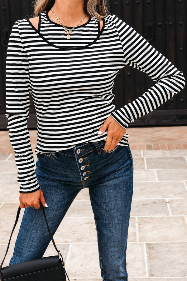 Stripe Double-layer Cold Shoulder Long Sleeve Top
