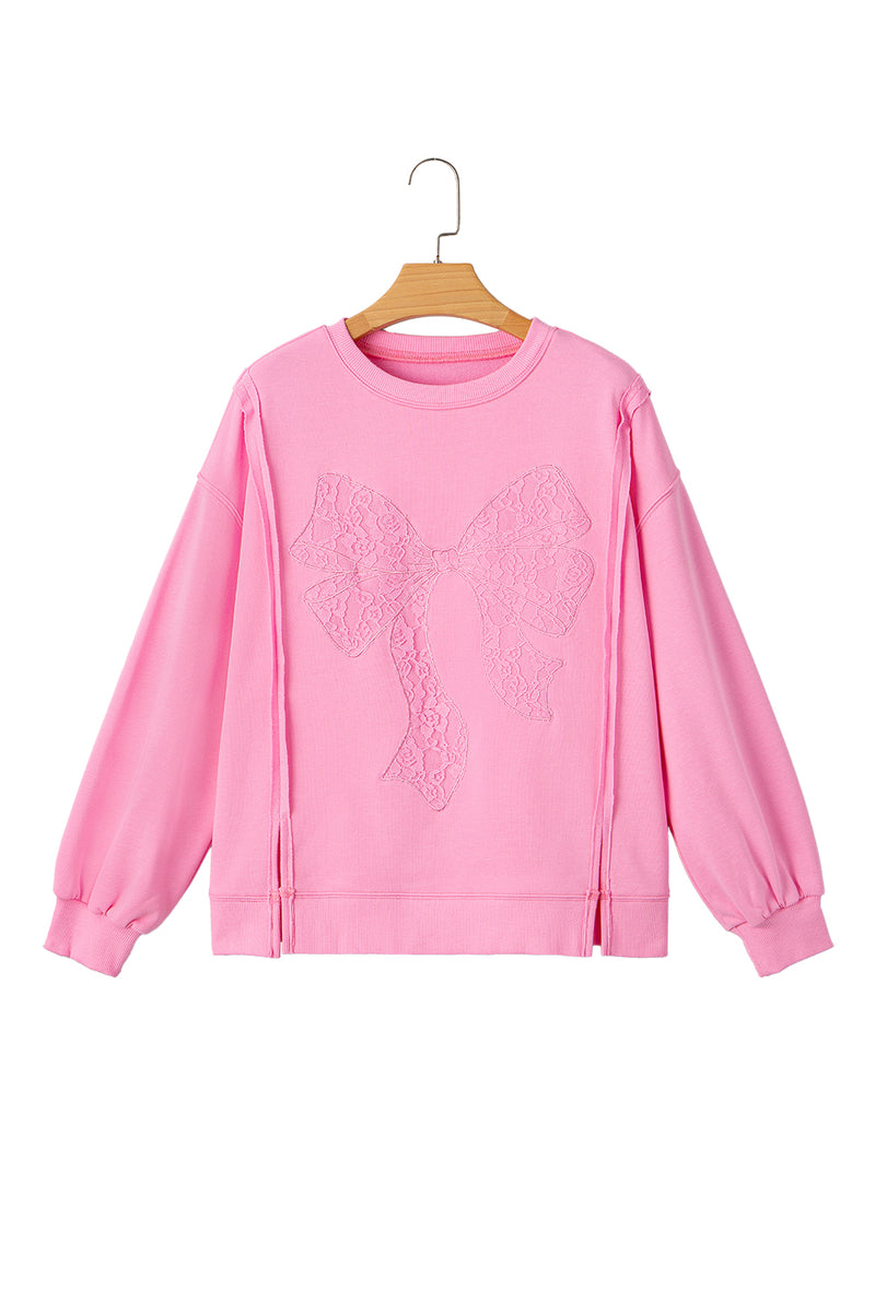 Lace Insert Bow Embroidered Exposed Seam Sweatshirt