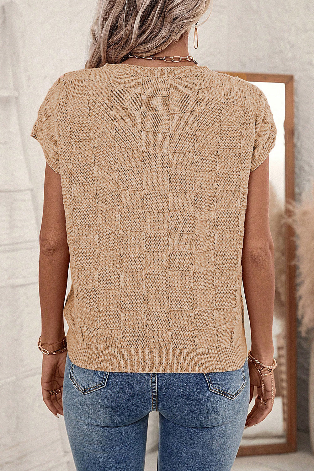 Solid Lattice Textured Knit Short Sleeve Sweater