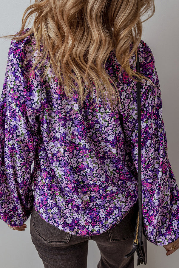 Loose Boho Flower Split V Neck Bubble Sleeve Blouse