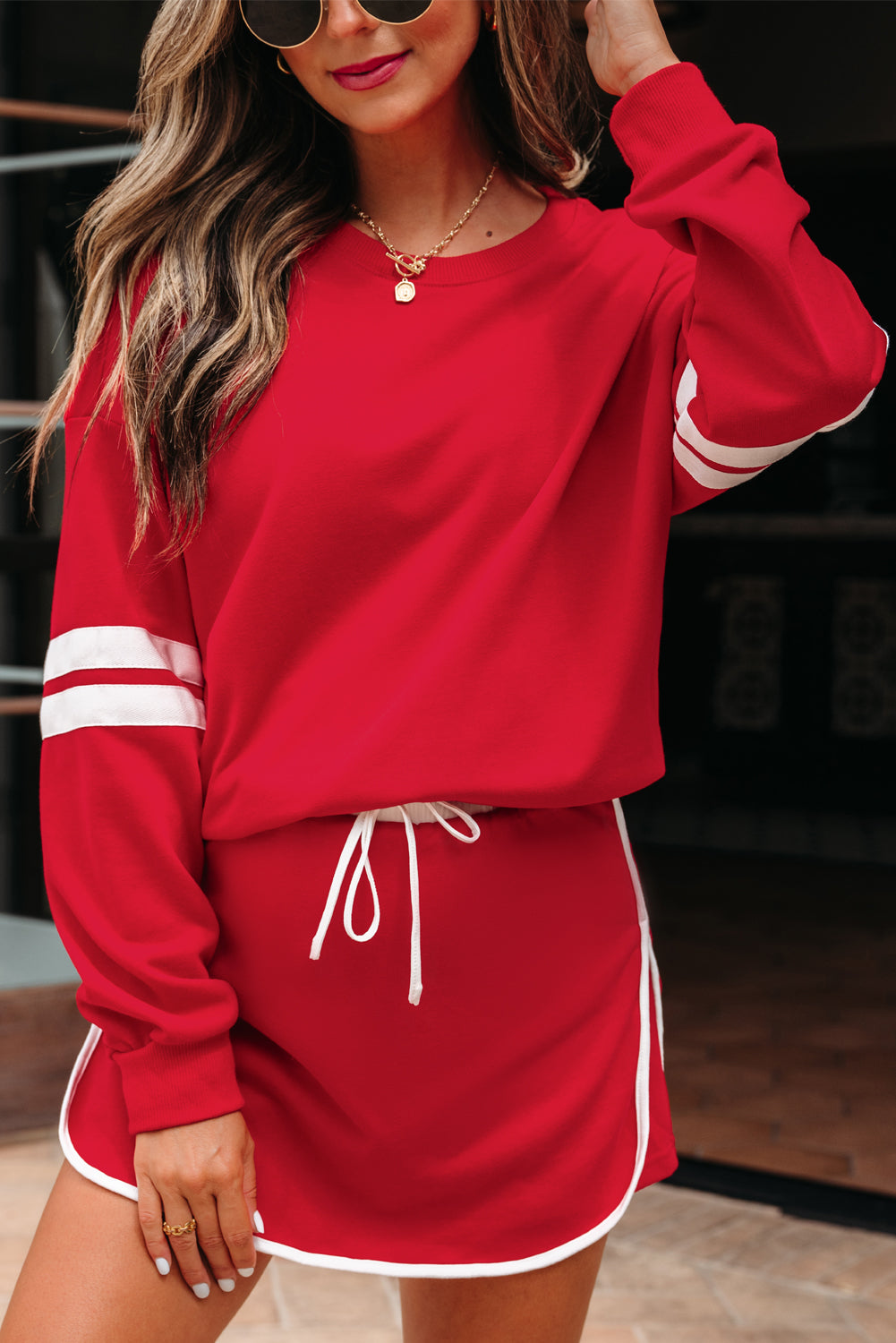 Varsity Stripe Detail Drop Shoulder Pullover Mini Skirt Set