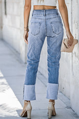 High Waist Distressed Straight Leg Jeans