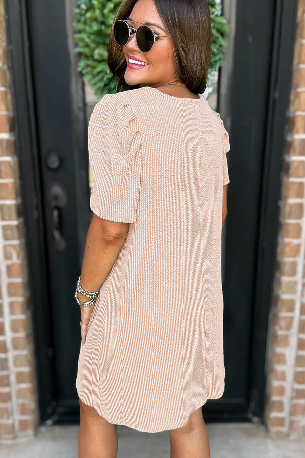 Solid Corded Knit Crew Neck Puff Sleeve Shift Mini Dress