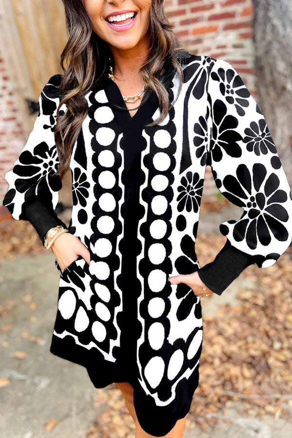 Polka Dot Floral Printed V Neck Long Sleeve Shift Mini Dress