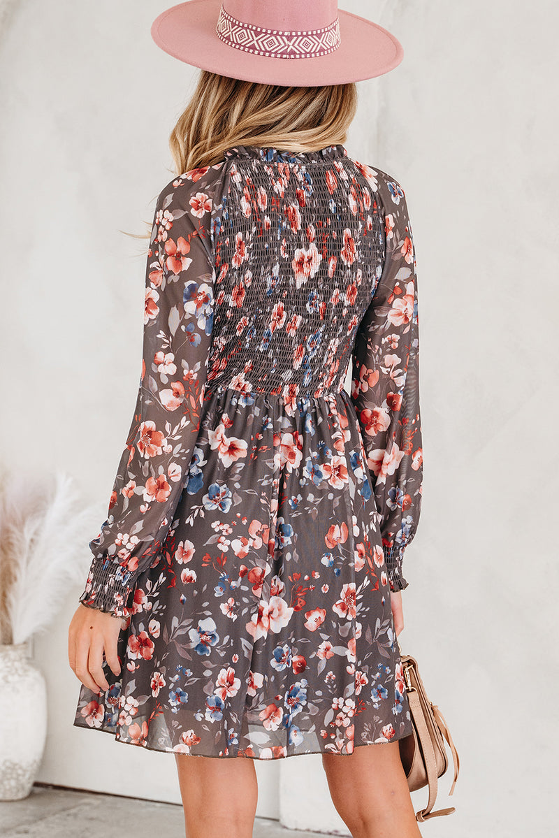 Frilly Smocked Bodice Floral Mesh Long Sleeve Mini Dress