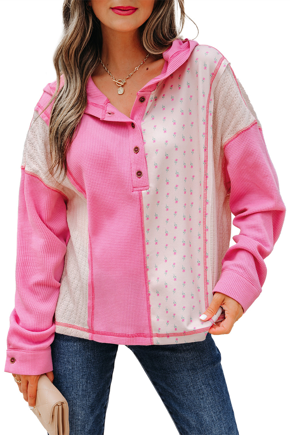 Mixed Texture Waffle Floral Patchwork Hooded Oversize Pullover