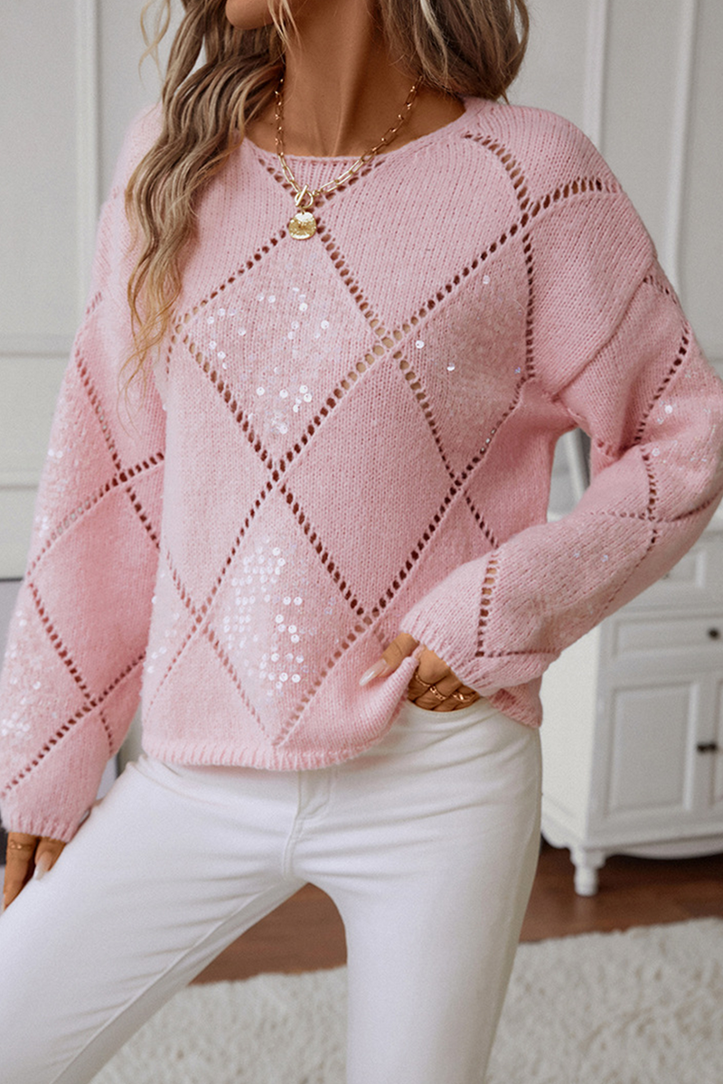 Hollowed Rhombus Pattern Sequin Detail Round Neck Sweater