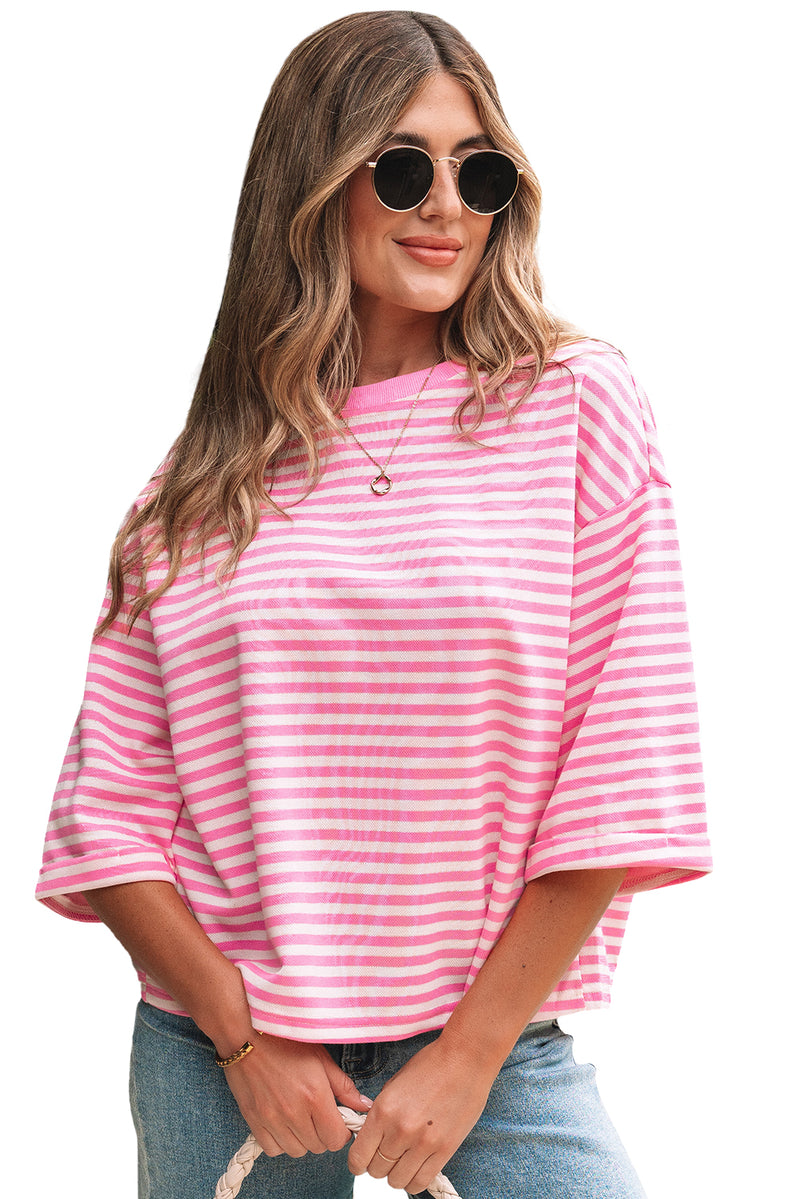 Stripe Bowknot Cutout Back Drop Shoulder Wide Bracelet Sleeve Loose Tee